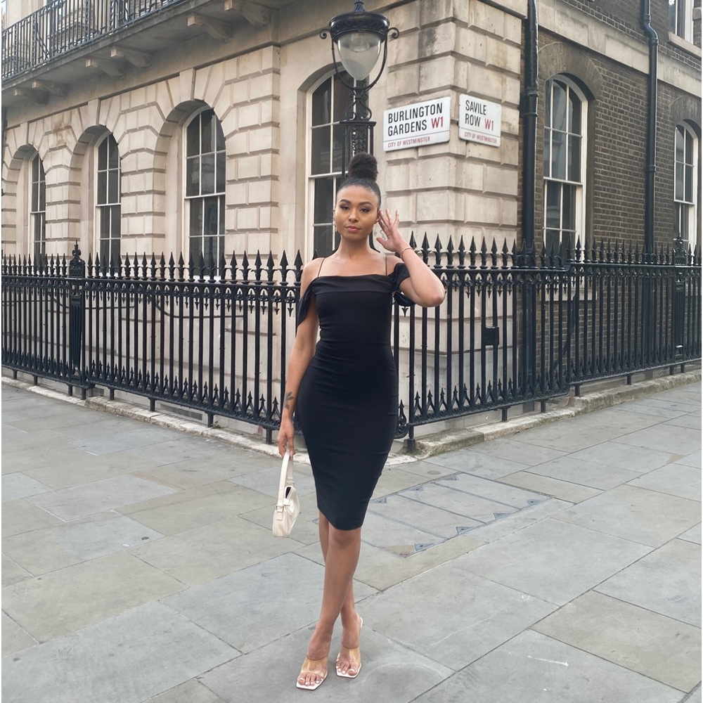 Vesper Black bodycon Bardot Midi Dress - Picture 1 of 6